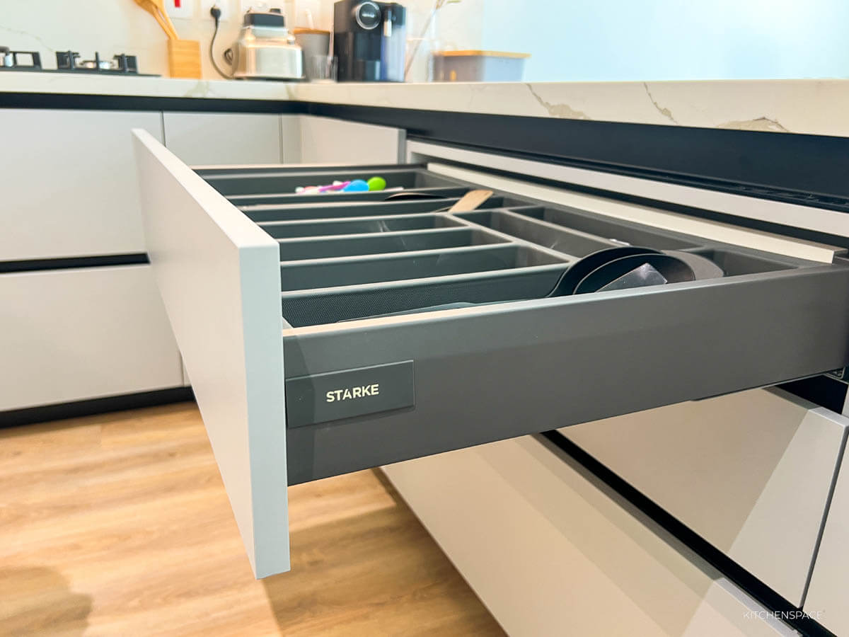 Modern Grey Kitchen  with Waterfall Island